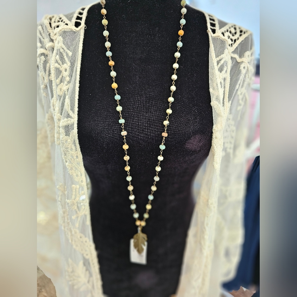 Amazonite Long BeadedNecklace w/ Antique Gold Feather